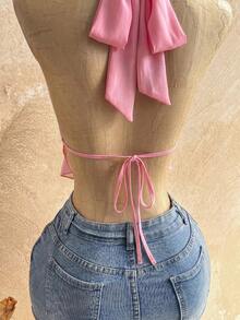 Soleia Top sexy versátil para mujer de color liso con cuello halter, plisado y volantes, para citas y salidas - Rosa Pálido - Ver 6