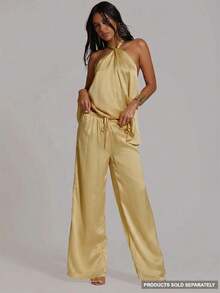 MUSERA Wide Leg Drawstring Linen Look Trousers Only Summer Holiday Vacation Beach Night Party Club Sexy Casual Classy Elegant Gold - Pale Yellow - View 1