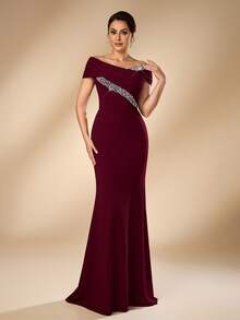 Serin Elegant Formal Burgundy Elastic Knit Off-Shoulder Asymmetrical Pleated Mermaid Bridal Mother Dress Spring Wedding Dinner Evening - Burgundy - View 6