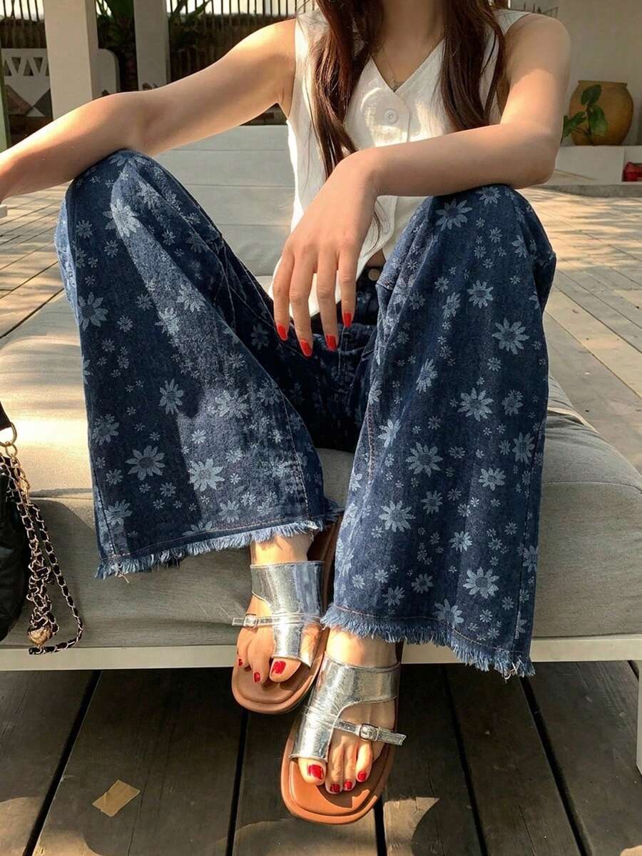 DAZY 女款韓式紋理鬆垮喇叭休閒牛仔褲 - 藍色 - 查看 1