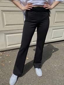 DAZY Women's Korean Style Casual Solid Color Ruffle Hem Long Pants - Black - View 5