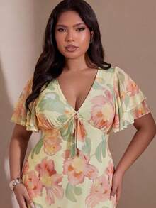 SHEIN BAE 大尺碼女款紫色花卉荷葉袖長洋裝 - 淡黃色 - 查看 6