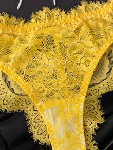 SHEIN Set Lingerie Renda Seksi Wanita 2 Potong untuk Sehari-hari - Kuning - View 6