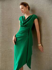 MOTF PREMIUM VESTIDO MIDI ELEGANTE DE MUJER PARA PRIMAVERA/VERANO, VERDE, CON FRUNCIDO Y ESTRUCTURA, PARA IR AL TRABAJO - Verde - Ver 6