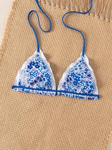 Swim Mod 女款夏季新款海灘泳裝度假風甜美可愛荷葉邊綁帶三角網格花卉布料性感露背泳衣上衣 - 彩色 - 查看 2