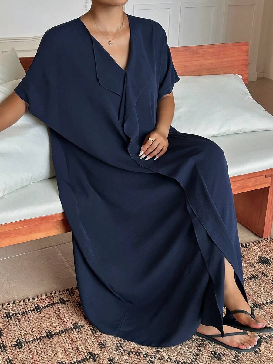 Dazy Plus Plus Size Women Solid Color Frill Trim Pullover Loose Long Nightgown Spring Summer Loungewear Dress Pajamas - Navy Blue - View 1