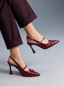 CUCCOO GRLICON 新款春秋時尚尖頭露跟扣帶漆皮女鞋 - 酒紅色 - 查看 2