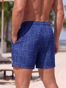 CoralVoy Pantalones cortos de playa con cordón, bolsillo con parche y patrón geométrico para hombres - Azul Marino - Ver 2