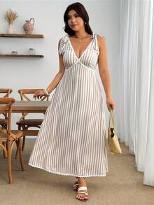 Enliva Plus-Size Sleeveless White Striped Midi Dress, Fashionable Boho Summer Vacation Casual Style. Beach - Apricot - View 3