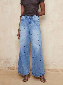 Lumalex Cotten Blend Blue High Waist Wide Leg Jeans With Rhinestone Studs Metal Grommets Front Seams With Back Pockets Perfect For Everyday Wear Commute - Blue and White - View 13
