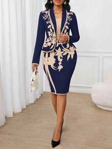 SHEIN Lady 女款辦公通勤外出套裝 夏日海軍藍花卉商務休閒優雅工作晚餐服 教師節穿搭 - 藏蓝色 - 查看 3