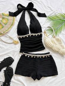 Soleia 2pcs Women's Vacation Set, V-Neck Halter Tie-Up Shell Trim Backless Tank Top Low-Waist Ruffle Trim Slim Fit Bottom, Tropical Beachwear For Beach Black - Black - View 1