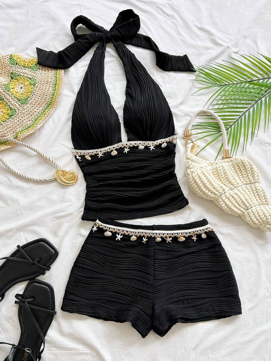 Soleia 2pcs Women's Vacation Set, V-Neck Halter Tie-Up Shell Trim Backless Tank Top Low-Waist Ruffle Trim Slim Fit Bottom, Tropical Beachwear For Beach Black - Black - View 1