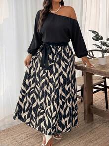 Weeklong Plus Size Women's Spring/Summer Asymmetric Neckline Long Sleeve Cinched Cinched Waist-Up Matching Print A-Line Casual Vacation Dress Fall - Multicolor - View 4