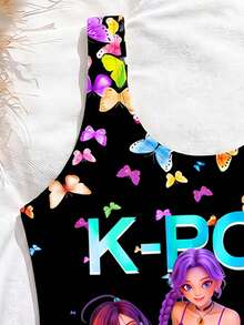 SHEIN Tween Girl Butterfly Cartoon Character Print One-Piece Swimsuit For Beach Vacation - Black - View 4