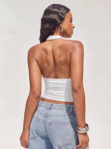 Denimoi Women's Solid Color Ruched Slim Fit Versatile Everyday Halter Neck Top - White - View 5