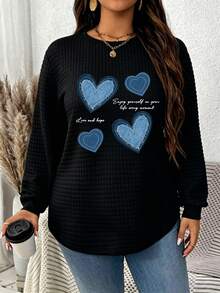EMERY ROSE Autumn/Winter Round Neck Small Checkered Casual White Comfortable Sweatshirt With Curved Hem And Side Slit Design - Black - View 6