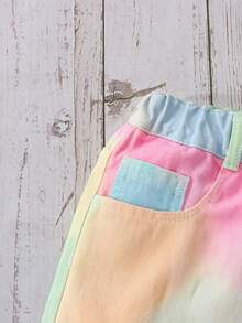 SHEIN 青少年女孩紮染牛仔短褲 夏季新品 休閒可愛風 彩色毛邊紙袋腰彈力短褲 - 粉色 - 查看 3