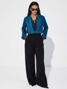 Aveloria Modichic French Commuter Style Loose Straight Fit Lapel Contrast Color Lace Trim 2 In 1 Satin Teal Blue Long Sleeve Blouse Elegant Casual Women's Shirt - Blue - View 6