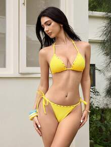 SHEIN Women's Eye-Catching Yellow Sexy Tropical Hot Girl Studded Foil Decorated Bikini Set, Slimming Beach Party Vacation Swimwear Summer - Yellow - View 5