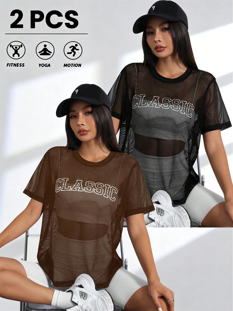 Velisys Velisys 女款圓領純色字母印花網眼時尚運動T恤 - 彩色 - 查看 1