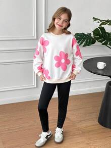SHEIN Tween女孩休閒圓領長袖秋季運動衫套裝 - 粉色 - 查看 4