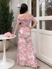Modelyn 女款優雅法式長洋裝，網紗花卉印花，方領，百褶設計，適合夏季度假 - 粉色 - 查看 3