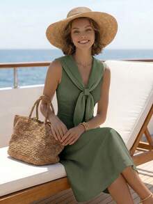EMERY ROSE Vestido de estilo de vacaciones en la isla, elegante, de color azul marino, con cuello, de longitud media, para mujeres - Verde Oliva - Ver 4