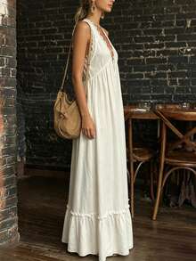 Breezaya Women's Halter Neck Minimalist Boho Elegant Dress Beach Cream White Summer - Apricot - View 4