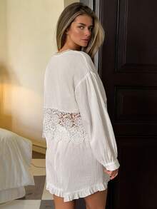 Livesso Women's Textured Sweet Lace Patchwork Button-Up Top And Shorts Pajama Set Summer - White - View 2