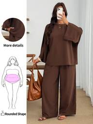 Enliva Plus Size Women's Chocolate Brown Batwing Sleeve Blouse & Wide Leg Pants 2-Piece Set – Flowy Kimono-Style Plus Size Matching Set For An Effortlessly Chic Look