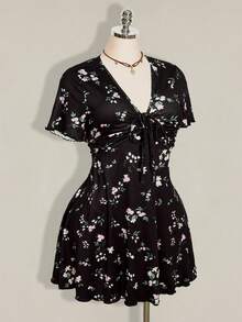SHEIN ICON 大尺碼女款花卉印花休閒約會派對洋裝 - 黑色 - 查看 5