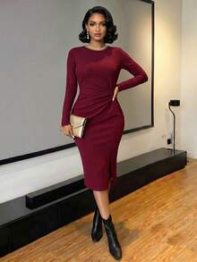 SHEIN Lady Burgundy Wine Red Ruched High Neck Long Sleeve Bodycon Midi Dress Front Slit Twist Stretchy Elegant Date Night Engagement Cocktail Fall Winter Dress - Burgundy - View 5
