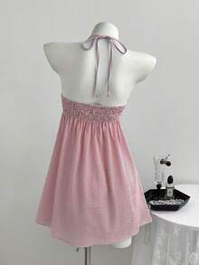 Elamini Damen Sommerkleid mit Schleife, Trägern, Streifen, Neckholder und rückenfrei - Rot - Übersicht 2