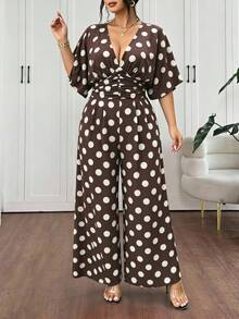 Vionelle Plus Size Women Elegant 1920s 1950s Vintage Chocolate Brown Ruffle Long Jumpsuit Spring Summer Wedding Guest Vacation Formal Evening Tea Party - Brown - View 1