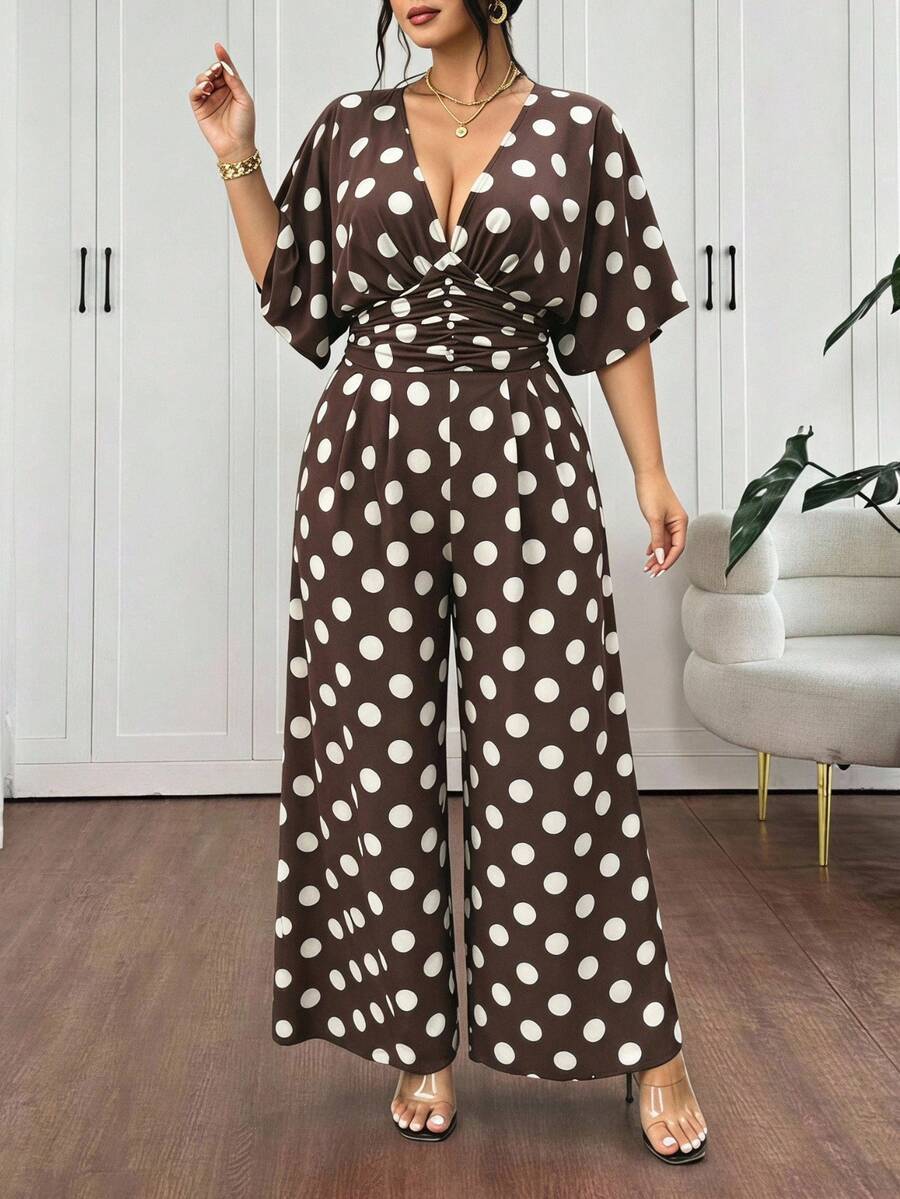 Vionelle Plus Size Women Elegant 1920s 1950s Vintage Chocolate Brown Ruffle Long Jumpsuit Spring Summer Wedding Guest Vacation Formal Evening Tea Party - Brown - View 1