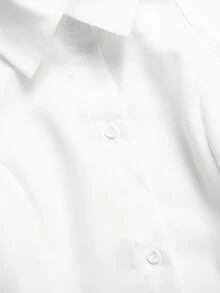 SHEIN 少女休閒度假優雅通勤校園風修身翻領無袖百褶梭織純白色收腰修身A字前開鈕扣襯衫上衣 - 白色 - 查看 5