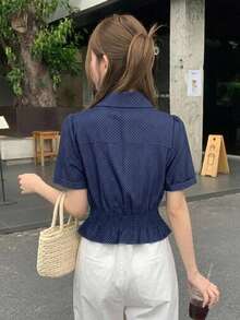 DAZY 女款韓式修身優雅夏季牛仔上衣，適合年輕女孩 - 藏蓝色 - 查看 2