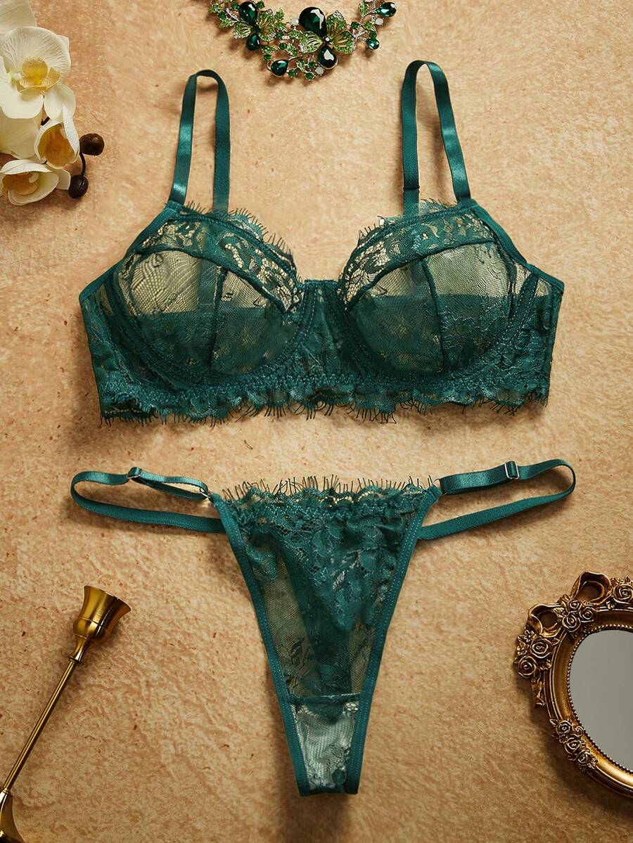 PinupPomp Set de 2 piezas de lencería con parches de encaje color rosa rojo, madura y sensual - Verde - Ver 1