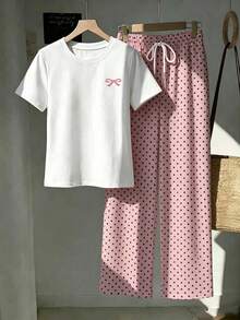 SHEIN EZwear 2件組刺繡圓領短袖上衣與條紋印花長褲，休閒風 - 粉色 - 查看 3