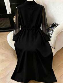 Formidée Plus Size Minimalist Elegant Embroidered Mesh Sleeve Tie Waist Women's Dress Fall - Black - View 4