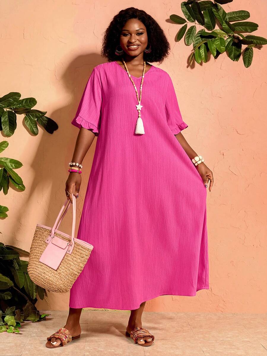 BrightlyHer Plus Size Magenta Dress Long Casual Vacation Summer Spring Clothing Beach Outfits For Women