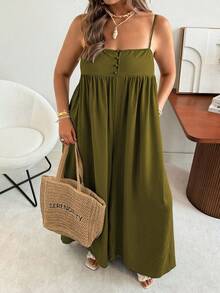 Ceyna Plus Size Women's Solid Color Ruched Casual Daily Wear Spaghetti Strap Jumpsuit Wide Leg Pants - Green - View 5
