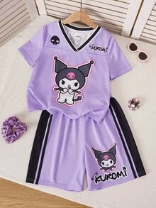 HELLO KITTY AND FRIENDS | SHEIN 青少年女孩卡通印花短袖T恤與短褲休閒套裝 - 紫色 - 查看 2