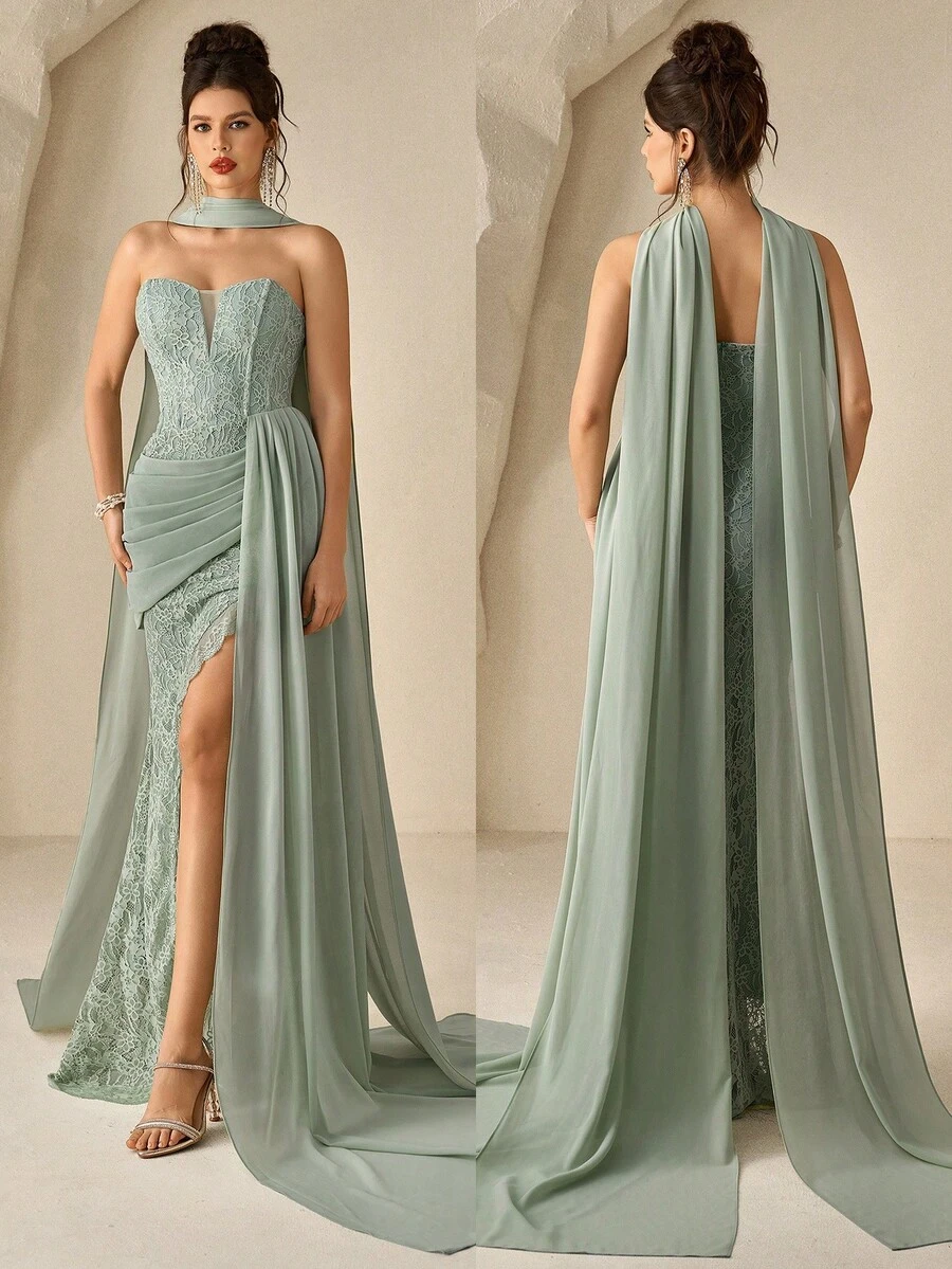 Coutiva Women's Contrast Lace Ribbon Design Pleated Elegant Side Slit Evening Gown - Mint Green - View 1
