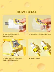 TOM & JERRY X SHEIN Protector de cable de datos, adecuado para cargador de , juego de 4 piezas de protectores de cable de teléfono móvil, protector de cargador (excluyendo cable de datos) - Amarillo - Ver 3