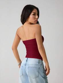 SHEIN PETITE Top bandeau sin espalda con abertura lateral para mujer - Burdeos - Ver 3