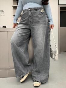 Dazy Plus Plus Size Distressed Washed Wide Leg Long Denim Jeans - Grey - View 7