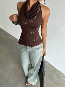 Aloruh Sexy Draped Neck Foil Decor Asymmetrical Hem Fitted Sleeveless Top, Backless Innerwear/Outerwear Tank Top, Shades Of Brown, Y2K, Club, Summer - Coffee Brown - View 6