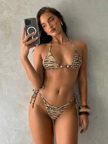 Aloruh 女款復古斑馬動物印花泳衣套裝，適合度假、海灘、夏季假期泳裝套裝 - 彩色 - 查看 5